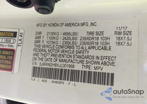 2018 Honda Cr-V Ex-L/Ex-L Navi из США, поврежденный, VIN 5J6RW2H8XJL001968